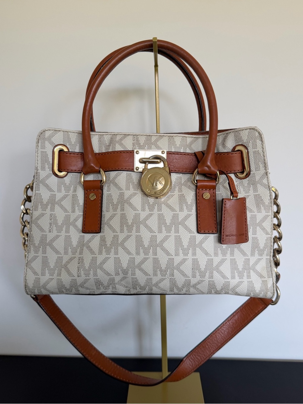 Michael Kors Hamilton Signature MK Logo Lock Satchel Vanilla Brown Leather